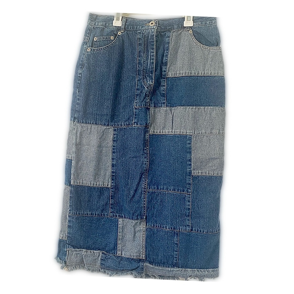 Vintage Patchwork Denim Midi Skirt in Mixed Blue Washes with Pockets